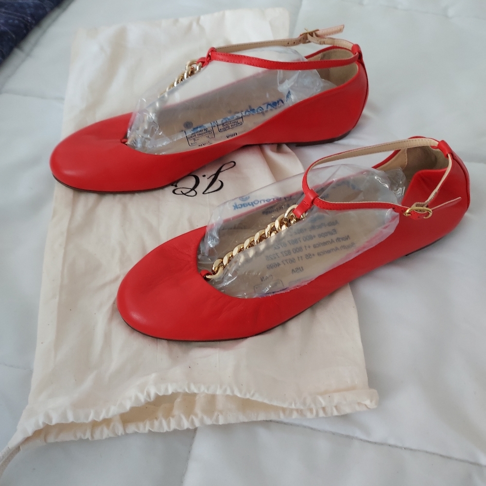 NWOB J Crew chain ballet flats, 7.5, brilliant reddish orange, made in Italy